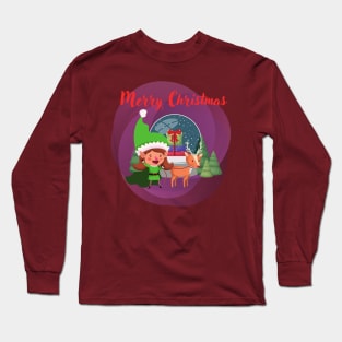 Snow globe, santa elf and reindeer Long Sleeve T-Shirt